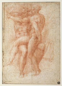 Nude female seated on the knees of a seated male nude: Adam and Eve